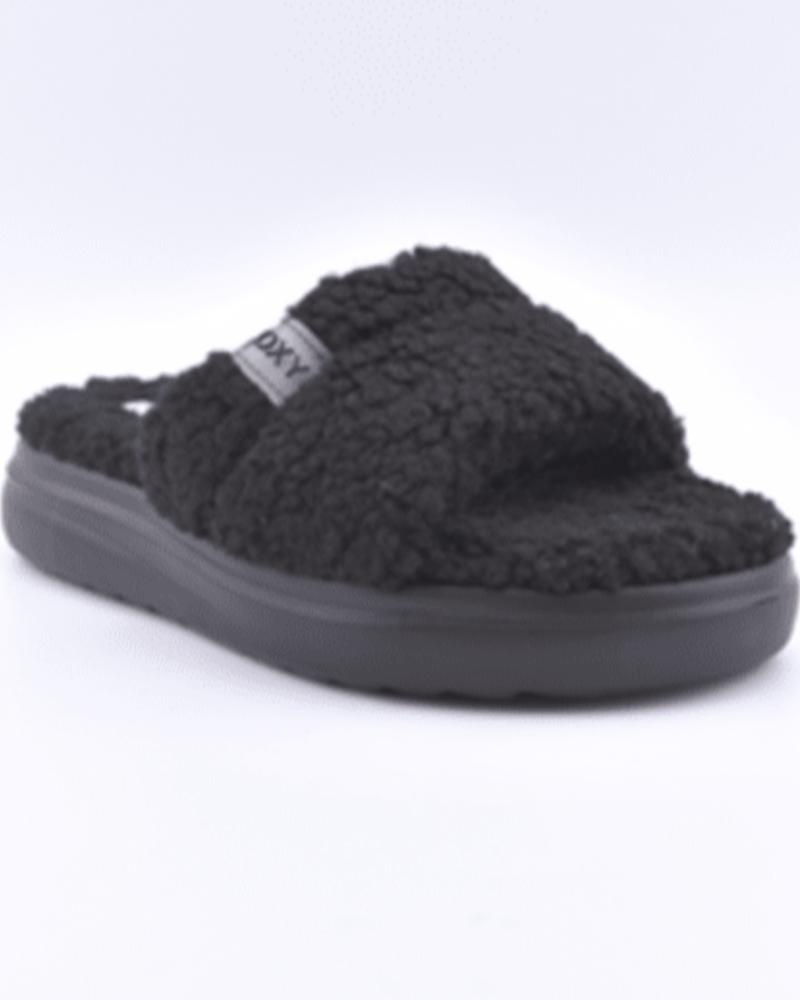 The ROXY Gelato Lux Sandal is a black fuzzy open-toe slide with a thick sole, cozy textured upper band, and plush footbed—ideal for casual lounging.