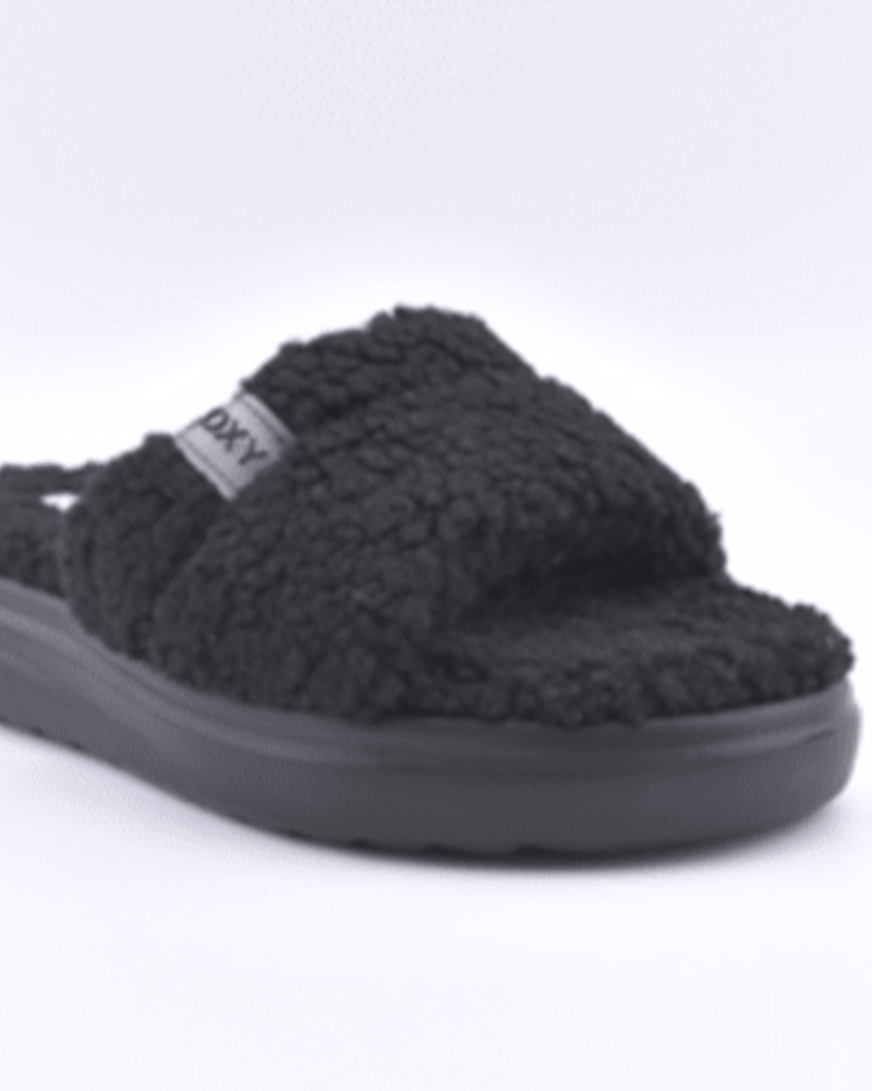 The Roxy Gelato Lux Sandal is a black, fuzzy open-toe slide with a plush footbed, thick sole, and soft strap over the top—ideal for casual lounging. Pictured on a white background.
