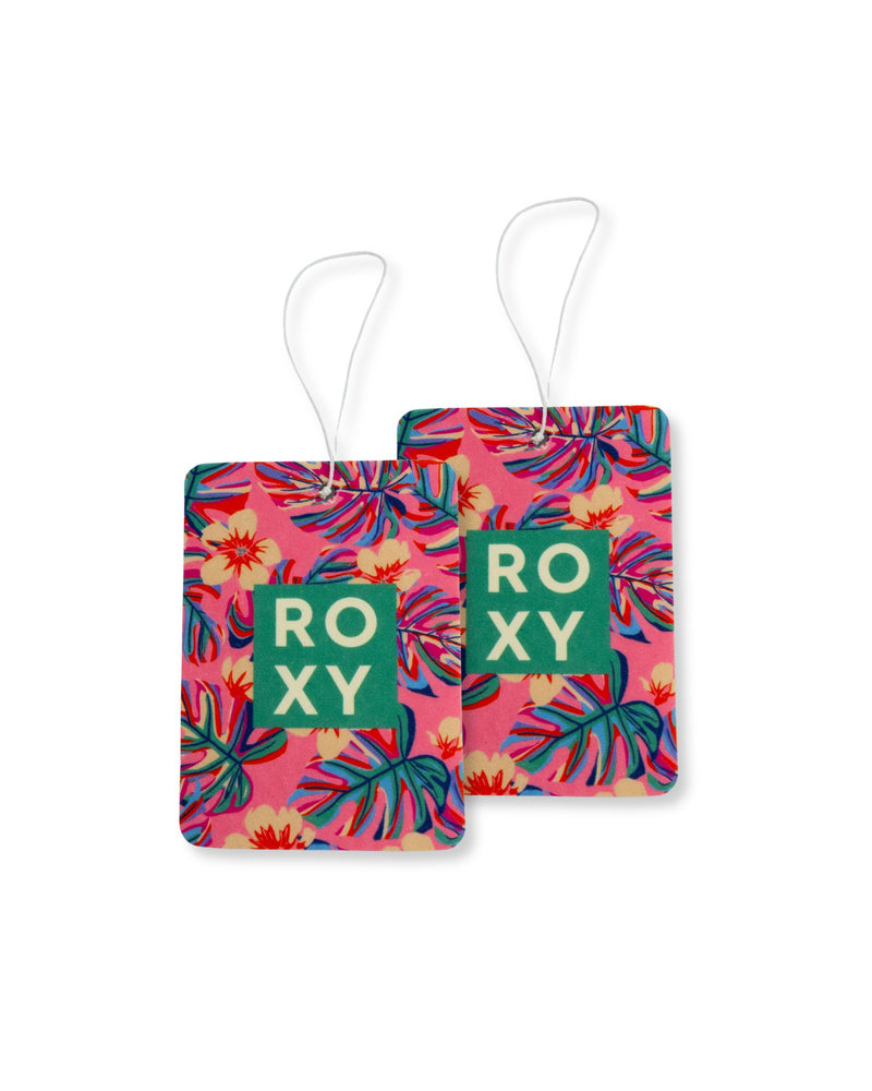 The ROXY Air Freshener 2-Pack Variety Pack includes two rectangular air fresheners adorned with vibrant tropical floral prints, featuring the brand’s name “ROXY” in green squares and white hanging strings at the top, bringing a lively coastal fragrance and a touch of tropical flair to your space.