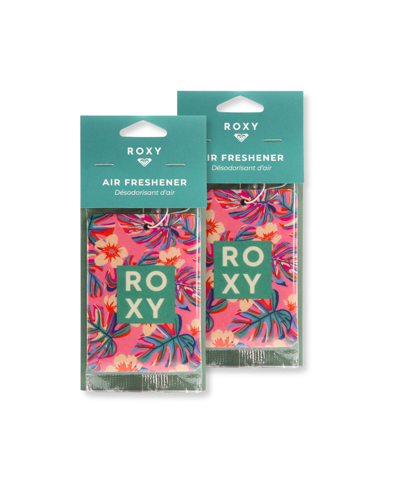 The ROXY Air Freshener 2-Pack Variety Pack includes two air fresheners featuring vibrant pink, green, and orange tropical leaf and flower designs. Each teal box labeled “ROXY Air Freshener” contains an uplifting coastal scent with notes of orange blossom, adding a burst of tropical charm to your space.