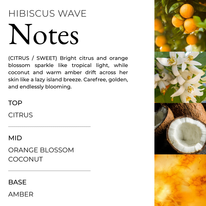 Fragrance notes info for ROXY Air Freshener 2-Pack Variety Pack in Hibiscus Wave scent, featuring photos of citrus, orange blossom, coconut, and amber; text describes it as a tropical coastal fragrance with bright citrus, creamy coconut, and warm amber layered over a floral base.