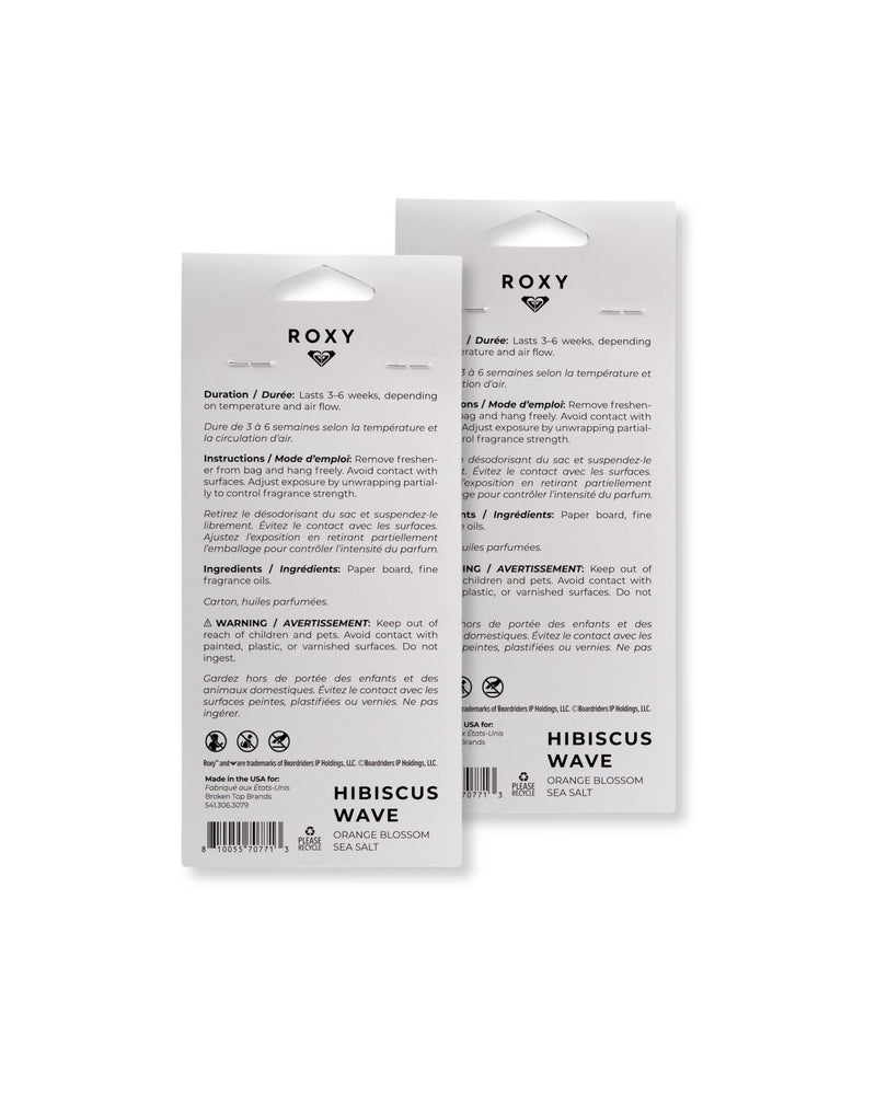 Two ROXY Air Freshener 2-Pack Variety Pack packages evoke a tropical coastal scent. Text includes instructions, warnings, and ingredients in English and French. Each air freshener card features the fresh aroma of orange blossom sea salt. Products overlap slightly.