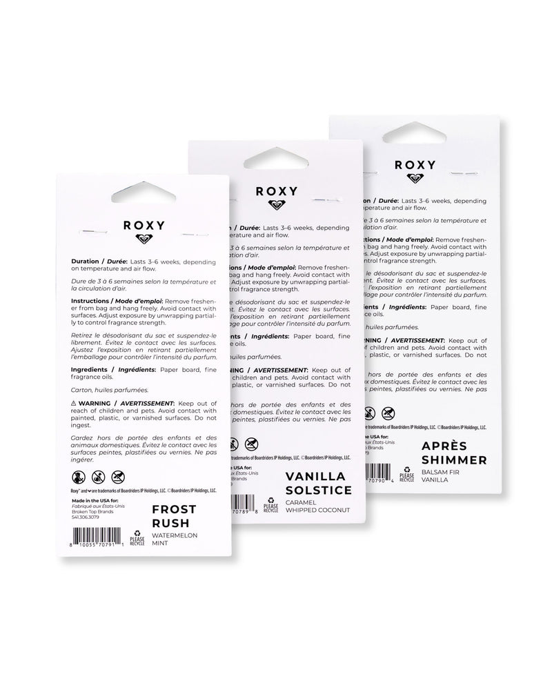 Three ROXY Air Freshener 3-Pack Holiday Variety Pack packages in Frost Rush, Vanilla Solstice, and Après Shimmer scents, showing instructions and ingredient information on the back.