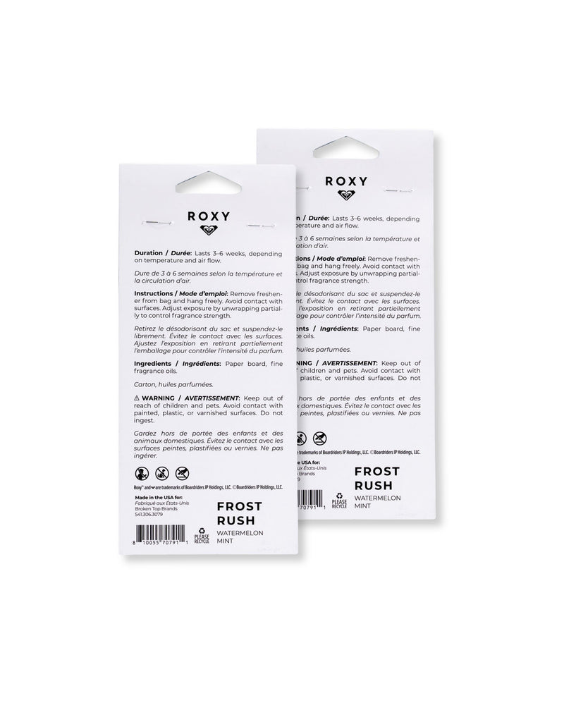 Two identical Frost Rush Holiday 2-Pack Air Freshener packages displayed side-by-side to show the backs with marshmallow scent usage instructions and warnings printed in English and French.