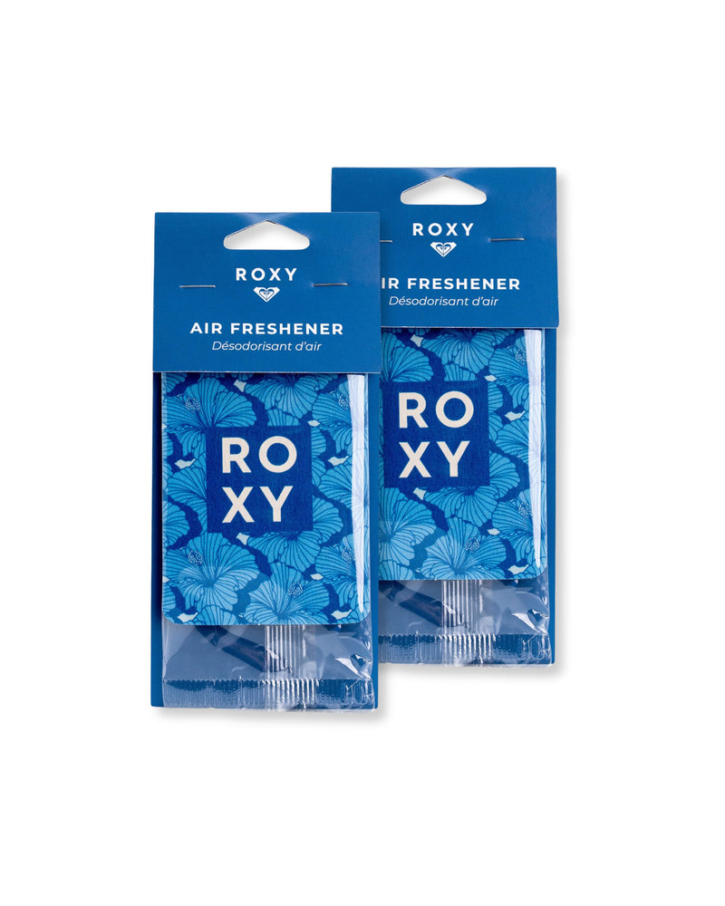 Two blue Frost Rush Holiday 2-Pack Air Freshener units by ROXY in hanging retail packaging with a floral pattern and a fresh mint fragrance.