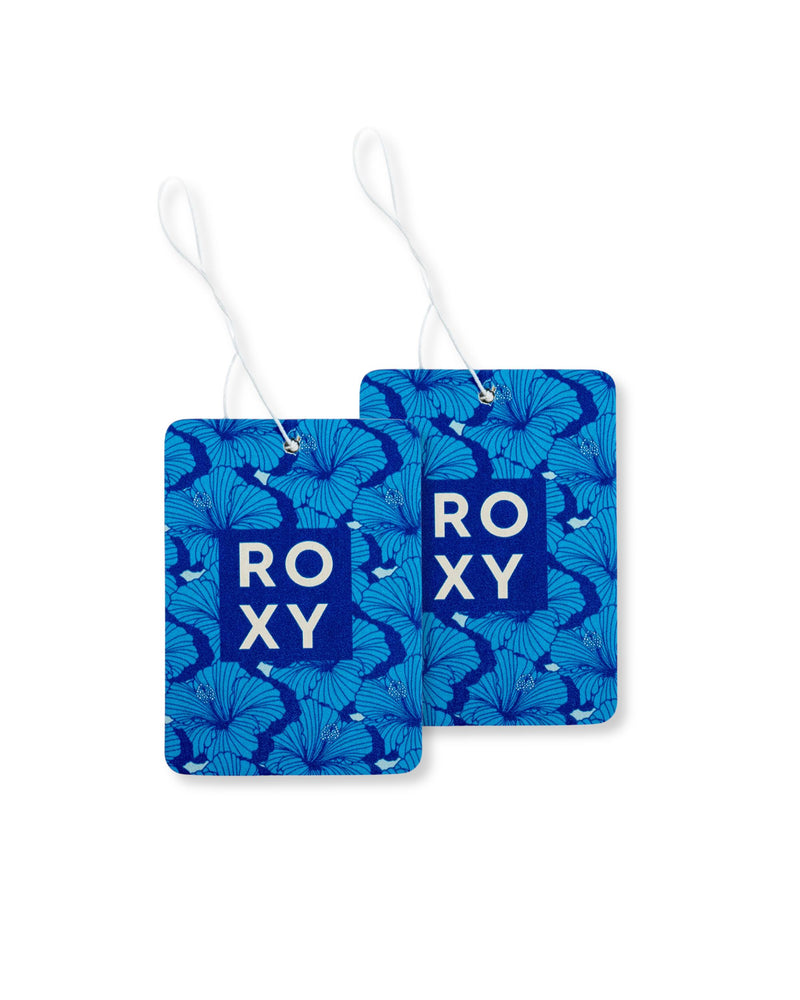 Two rectangular blue ROXY Frost Rush Holiday 2-Pack Air Fresheners with a hibiscus flower pattern and the brand name in a white box, featuring mint and watermelon scents.