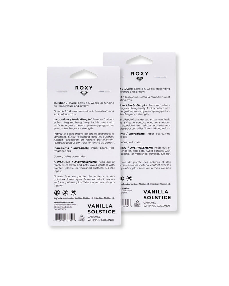 The backs of two ROXY Vanilla Solstice Holiday 2-Pack Air Freshener packages, displaying product instructions, ingredients, warnings, and barcodes in English and French.