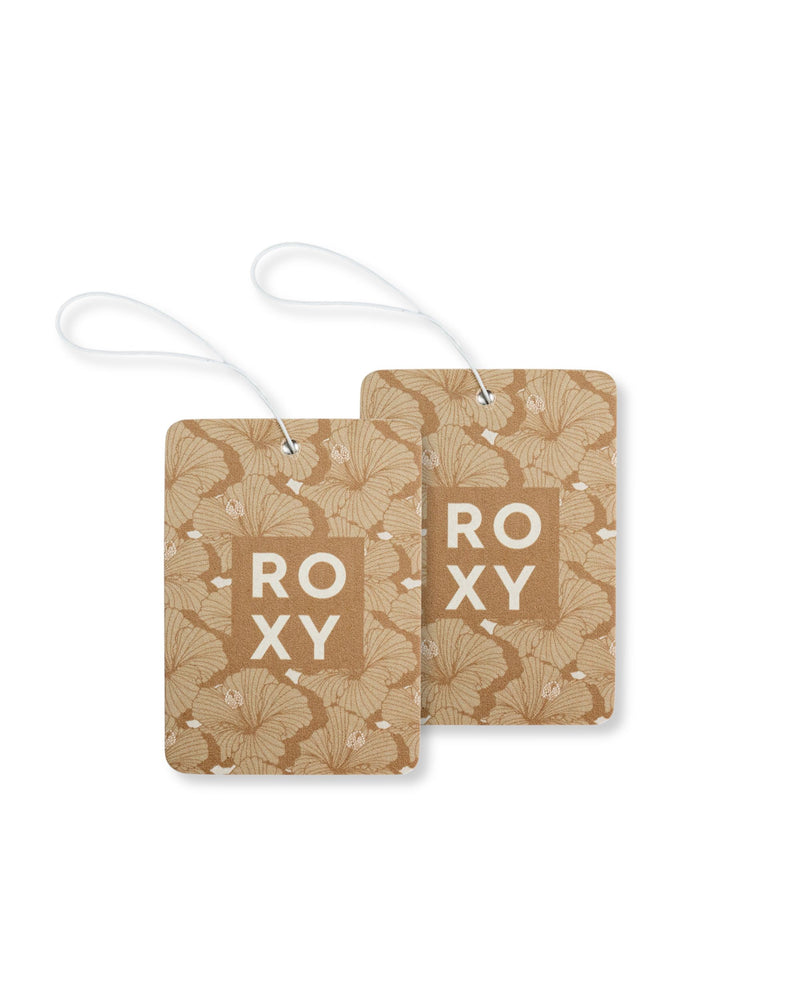 Two rectangular Vanilla Solstice Holiday 2-Pack Air Freshener units with elastic strings, featuring a tan floral pattern and a centered box with the text ROXY.