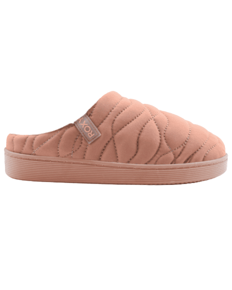 The Roxy Jasper Mule Slipper features a pink quilted nylon design, flat rubber sole, side fabric tag, and minimalist slide style for cozy comfort.