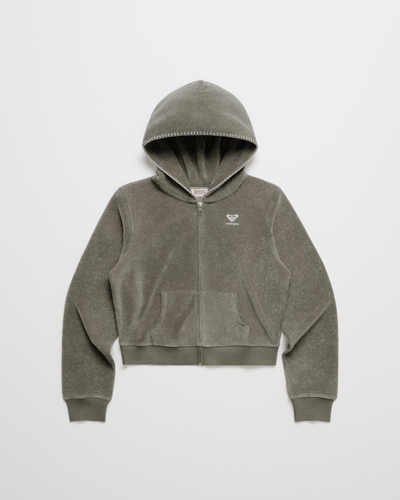 Clay ROXY x Madhappy Terry Shrunken Full Zip Jacket with front pockets, ribbed cuffs and hem, and a small white logo on the left chest, laid flat on a white background—perfect as a cozy beachy layer.