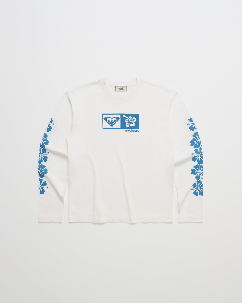 The ROXY x Madhappy Long Sleeve T-Shirt showcases blue floral designs down both sleeves and bold blue heart and butterfly graphics on the chest. Laid flat on a white background, this versatile shirt highlights the collaborative style of Roxy x Madhappy.