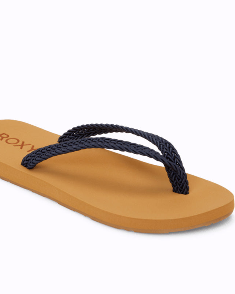 The Roxy Malia II Sandal is a tan flip-flop featuring textured black braided straps and the brand’s name on the insole, shown against a plain light background.