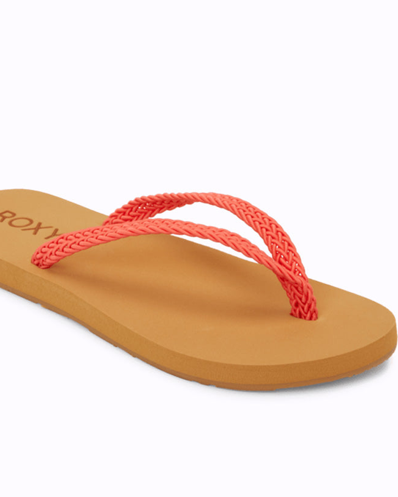 The Roxy Malia II Sandal is shown on a light background, featuring tan footbed with coral pink braided straps and the Roxy logo partially visible.
