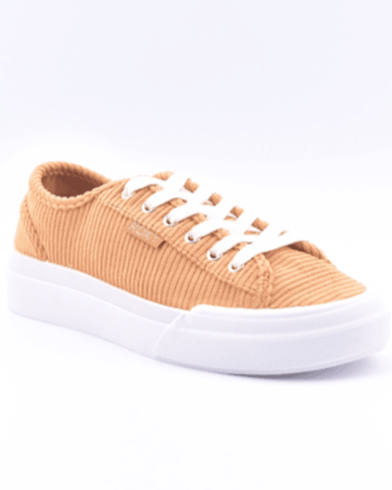 The Roxy Marina Sneaker features tan corduroy, white laces, and a thick white rubber sole—perfect for adding style to any outfit. Displayed on a plain white background.