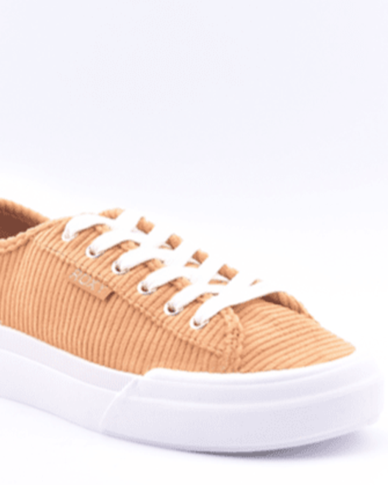 The Roxy Marina Sneaker showcases a tan corduroy design with white laces and a chunky white rubber sole, set against a clean white background.