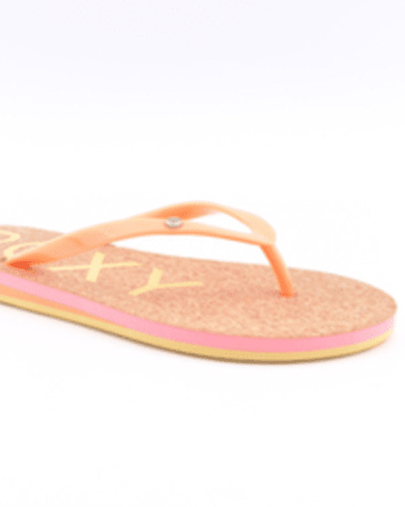 The Roxy Portofino III Sandal features a cork-textured footbed, orange straps, and a yellow-pink layered sole, displayed on a white background—ideal summer sandals combining comfort with style.