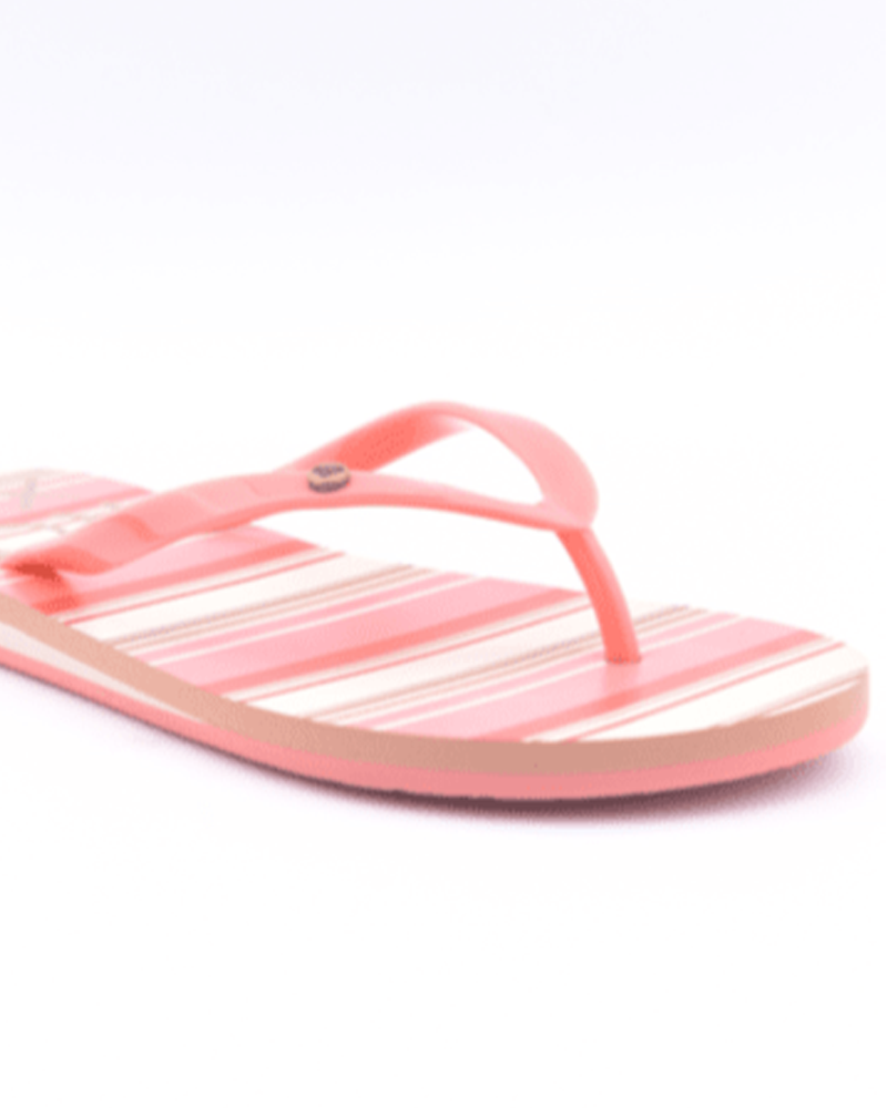 A single Roxy Portofino III Sandal in pink and white stripes is displayed at an angle against a white background, offering a stylish and comfortable choice for summer.