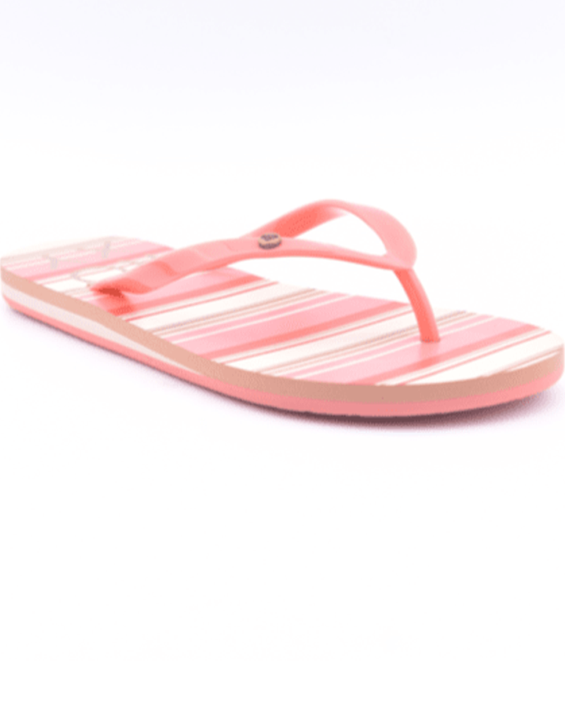 The Roxy Portofino III Sandal features pink straps and a footbed with pink and white horizontal stripes, shown on a white background—ideal summer sandals for all-day comfort.