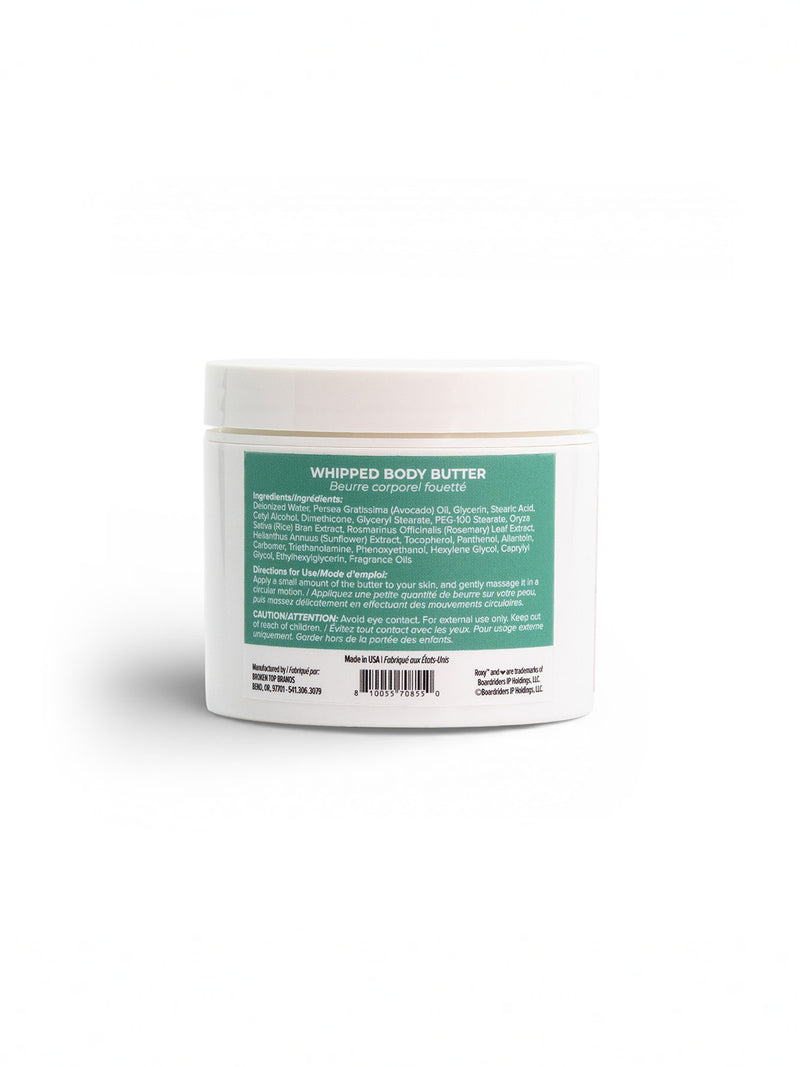 A white plastic jar of Roxy Hibiscus Wave Body Butter with a green label, featuring product info and ingredients, perfect for after-shower hydration and dry skin relief, shown against a plain white background.