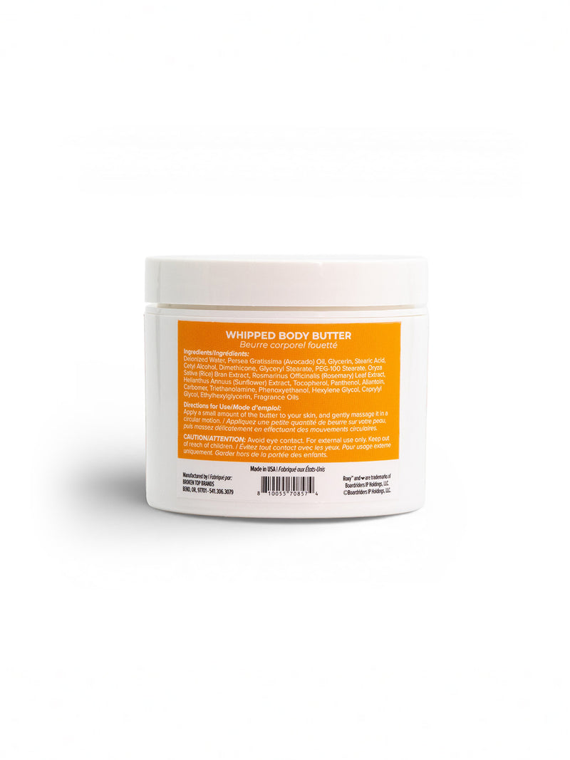 A white plastic jar of Roxy Sun Drift Body Butter with an orange label displaying details, ingredients, and usage instructions sits on a plain white background—ideal for daily hydration.