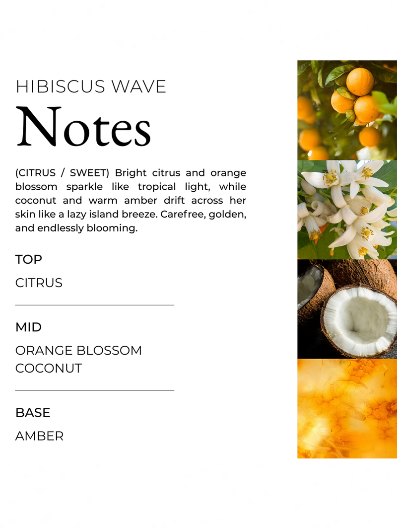 The Hibiscus Wave Body Scrub by Roxy features bright citrus, orange blossom, coconut, and amber notes—with matching images—perfect for adding a tropical glow to your shower routine.