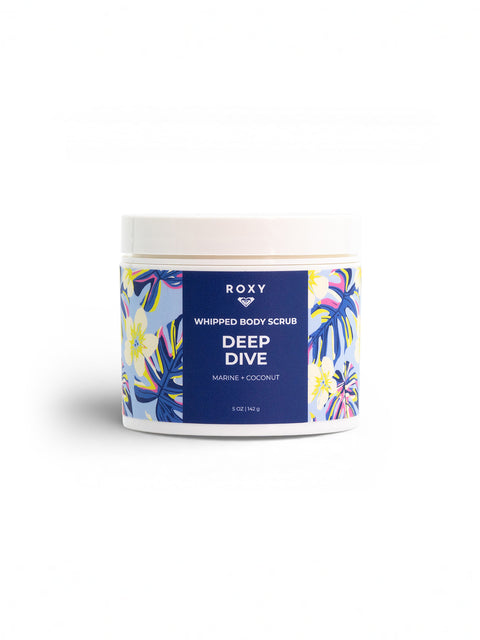 Roxy Deep Dive Body Scrub, scented with marine and coconut, is an exfoliating pre-shave scrub in a 5 oz (142 g) blue jar with tropical floral designs and white text.