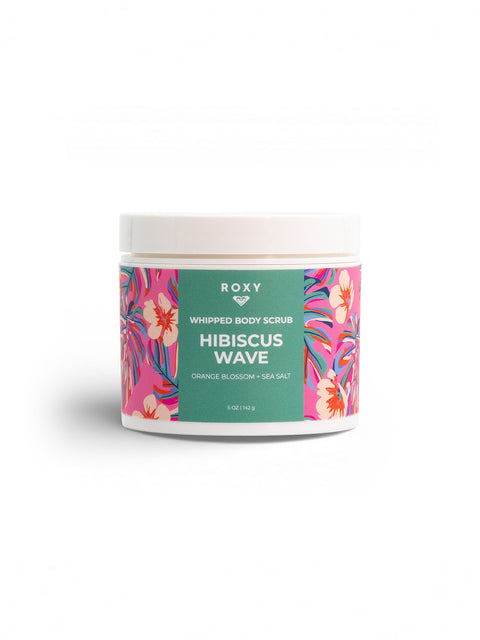 Roxy’s Hibiscus Wave Body Scrub, scented with orange blossom and sea salt for gentle exfoliation, features a vibrant floral label—an ideal pick-me-up for your shower routine, shown against a white background.
