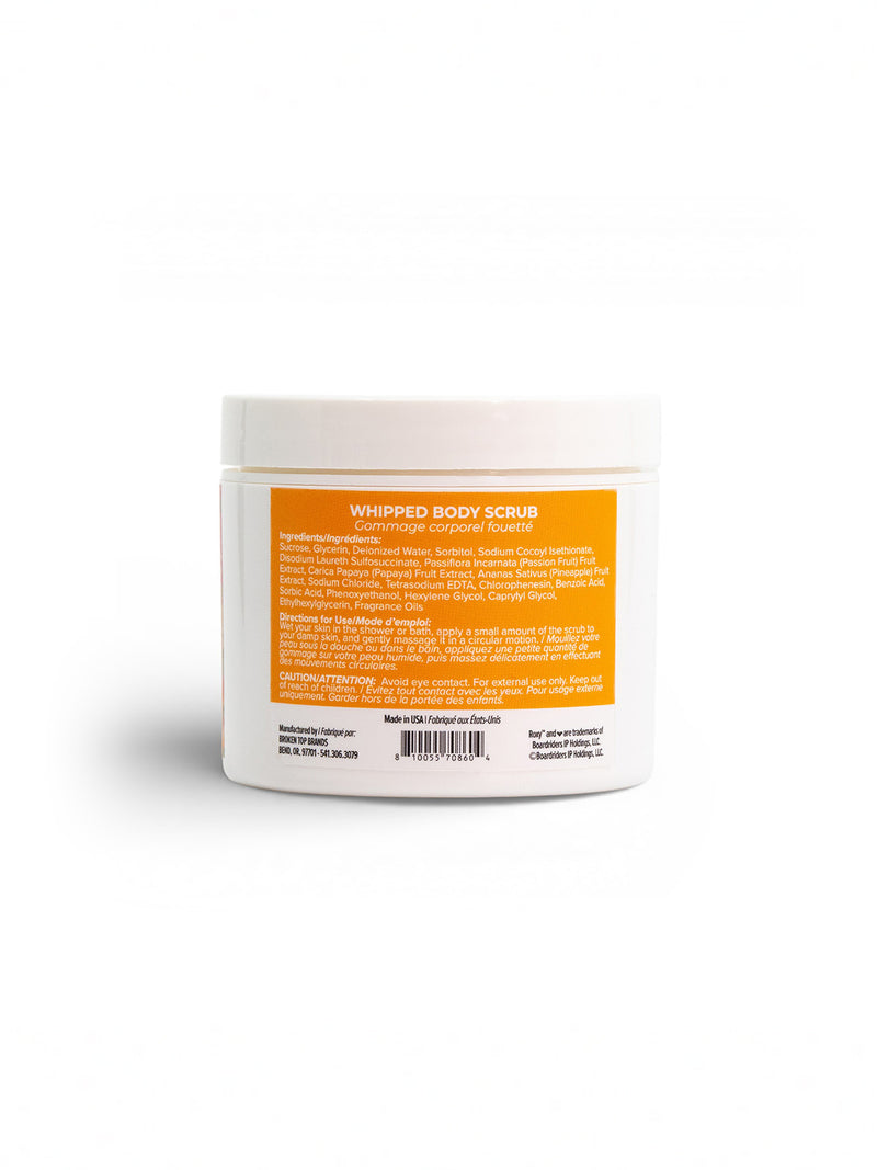 A white plastic jar with a yellow-orange label reading "Sun Drift Body Scrub" by Roxy. Designed for gentle exfoliation, the jar lists ingredients and warnings in small text. Set on a plain white background, it's ideal for your self-care routine.