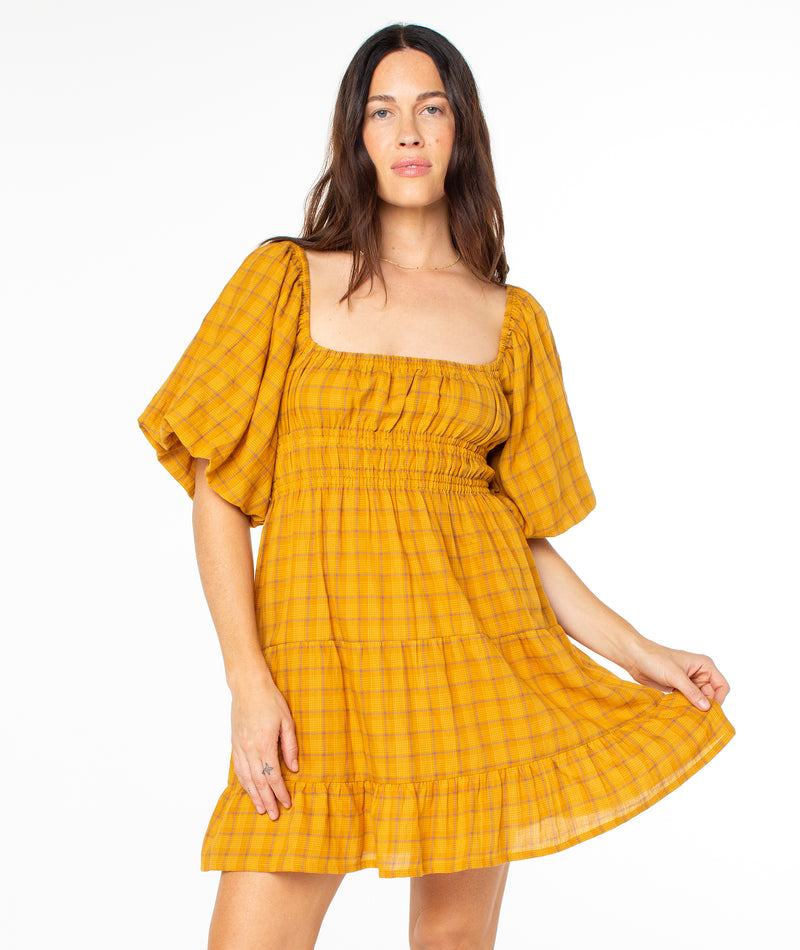 Sunset Oasis Dress - Buckthorn Brown Mini Zephyr Plaid - Roxy
