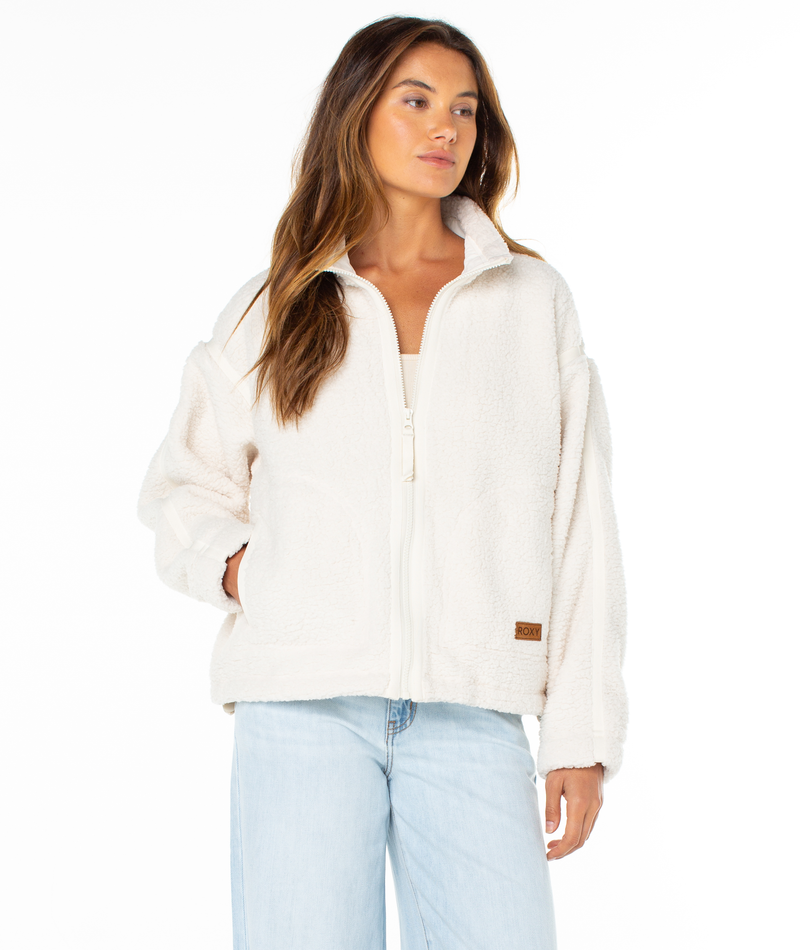 Cozy parchment Roxy Wurlie Fleece Jacket featuring a high collar, a full-length zipper, and side pockets for a coastal cool look.