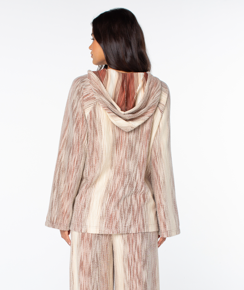 Back view of the Roxy Wild And Free Top, a relaxed-fit, long-sleeved hooded top in a brown and cream vertical striped terry fabric.