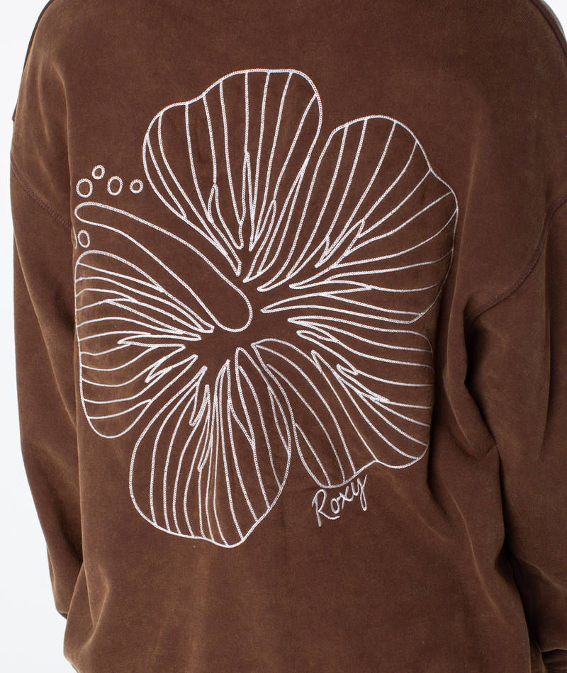 Back of a brown, ultra-soft Wailea Hoodie with a large, white-outlined hibiscus flower and Roxy in cursive near the bottom right of the design.