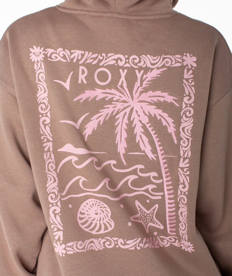 The back of the brown Roxy Wailea Hoodie showcases a pink tropical graphic with a palm tree, waves, seashell, starfish, birds, and “ROXY” at the top, all encircled by a decorative border. This ultra-soft hoodie blends style and comfort for effortless laid-back wear.