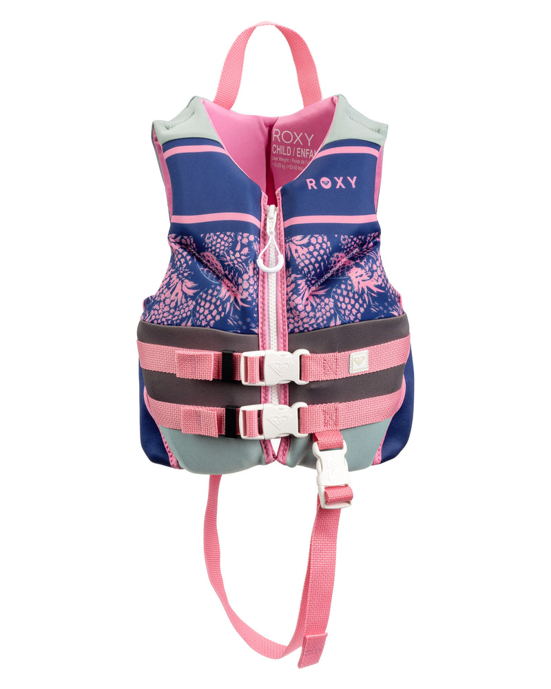 Navy and pink Roxy Child CGA Vest designed for children, featuring a floral pattern, two black buckles, a central zipper, and an extra pink safety strap that fastens at the crotch for additional water safety. The ROXY brand name is printed at the top.
