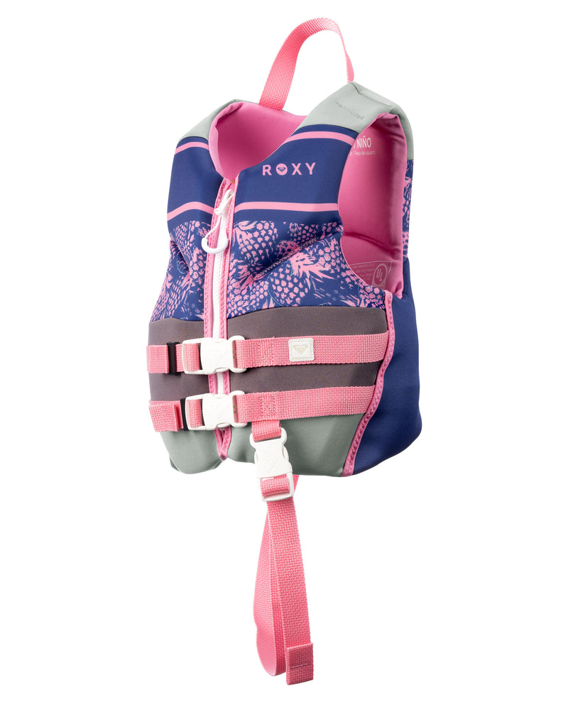 The Roxy Child CGA Vest is a USCG approved children’s life jacket in pink, purple, and gray, featuring a zip front, secure buckles, a chest and crotch strap, and a sturdy top handle. Adorned with a floral pattern and the ROXY logo on the front, it’s perfect for water safety adventures.