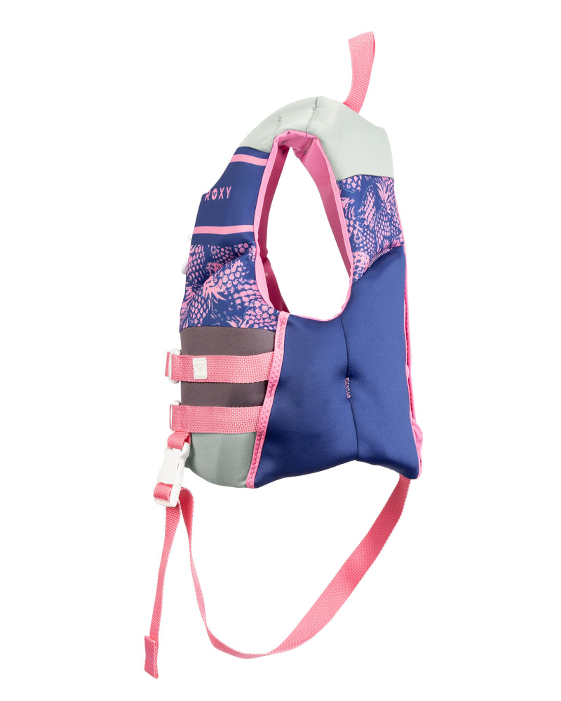 A side view of the Roxy Child CGA Vest by Roxy, featuring pink, purple, and blue colors with floral patterns, adjustable pink straps, and a top handle for enhanced water safety.