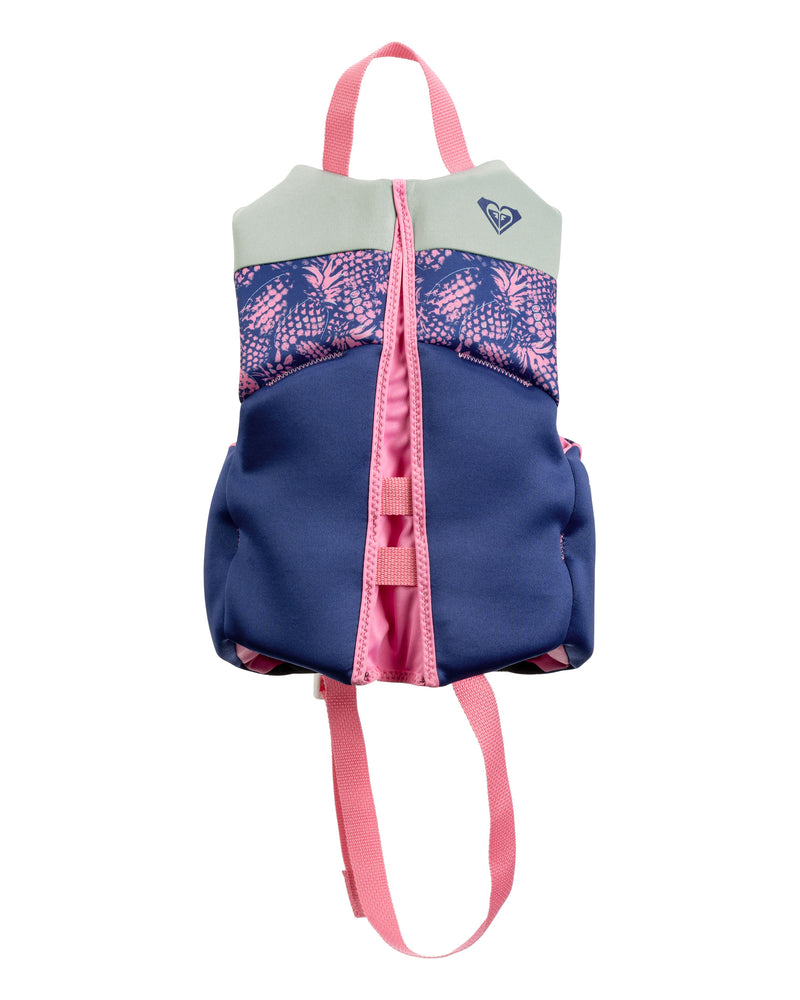 Inspired by the Roxy Child CGA Vest, this small backpack from Roxy is crafted from blue, pink, and gray neoprene reminiscent of a USCG-approved child life vest. It features a floral pattern on top, pink strap accents, handy side pockets, a central vertical zipper closure, and a small logo near the top—making it the ideal bag for outings where water safety is always in mind.