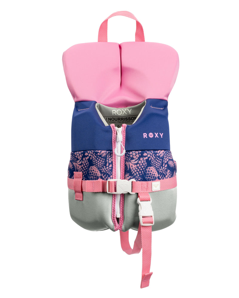 The Roxy Infant CGA Vest features a navy and pink design with a charming floral pattern, secure zipper and buckle closure, a convenient top handle, and the Roxy logo displayed on the front. This USCG-approved baby flotation device ensures both safety and style for your little one.