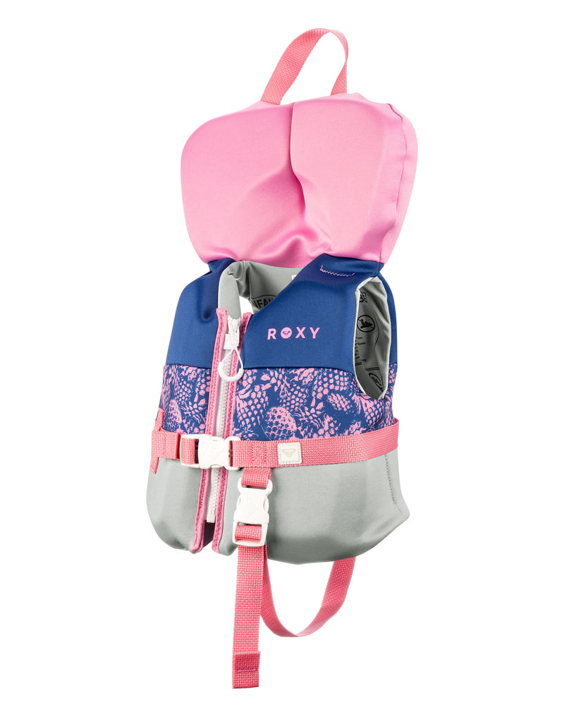 The Roxy Infant CGA Vest is a pink, blue, and gray life vest featuring a floral pattern, adjustable straps, and a convenient top handle. Designed for water safety, this USCG-approved vest from Roxy provides peace of mind for your infant.