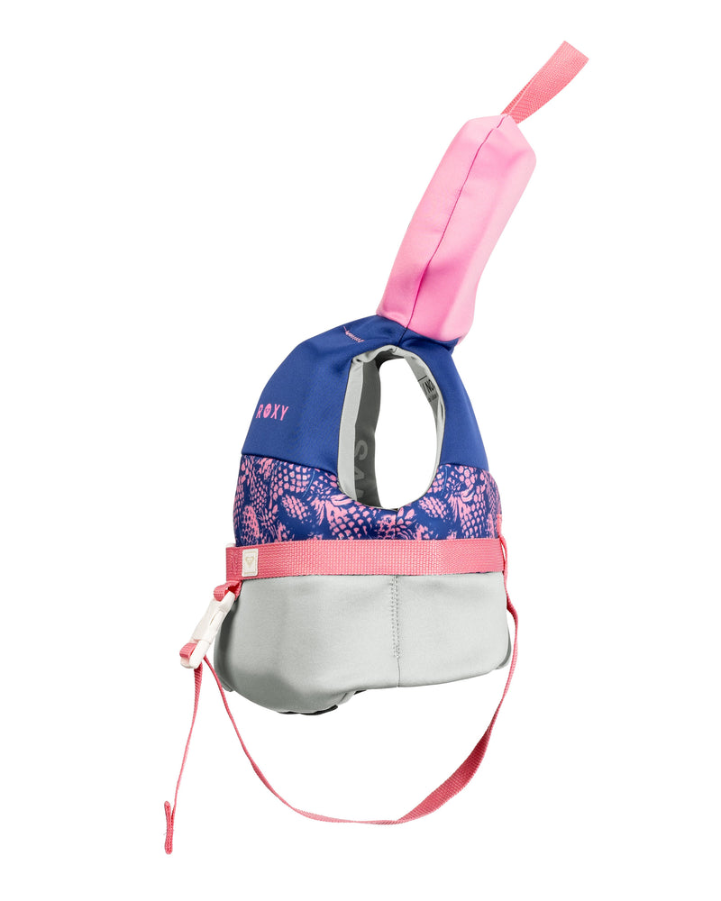 The Roxy Infant CGA Vest by Roxy is a USCG-approved infant life vest available in blue, pink, and gray with floral patterns. It features a pink handle on top, adjustable straps, and a secure clip buckle at the bottom.