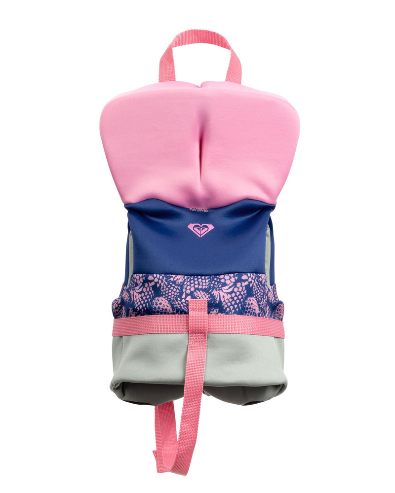 The Roxy Infant CGA Vest by Roxy, displayed against a white background, features a vibrant design with a pink top, a blue patterned middle section, a light gray bottom, and pink straps—colors reminiscent of playful USCG-approved baby flotation devices.