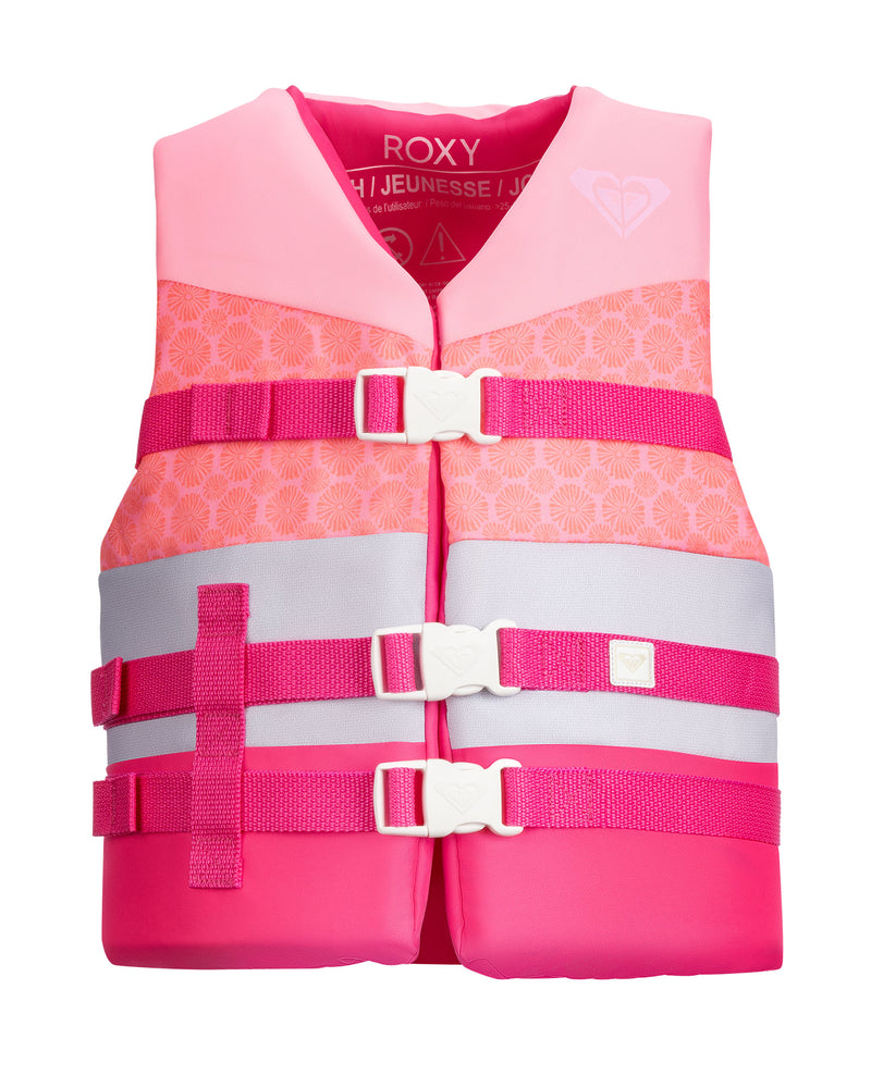 Featuring pink, silver, and charcoal colors with floral patterns, the Roxy Women’s Duraweave Vest offers essential boating safety with USCG approval. This youth life jacket showcases two adjustable horizontal pink straps with white buckles and displays the ROXY brand name and logo at the top. Inspired by our popular women’s life vest collection, it combines reliable protection with a stylish touch.