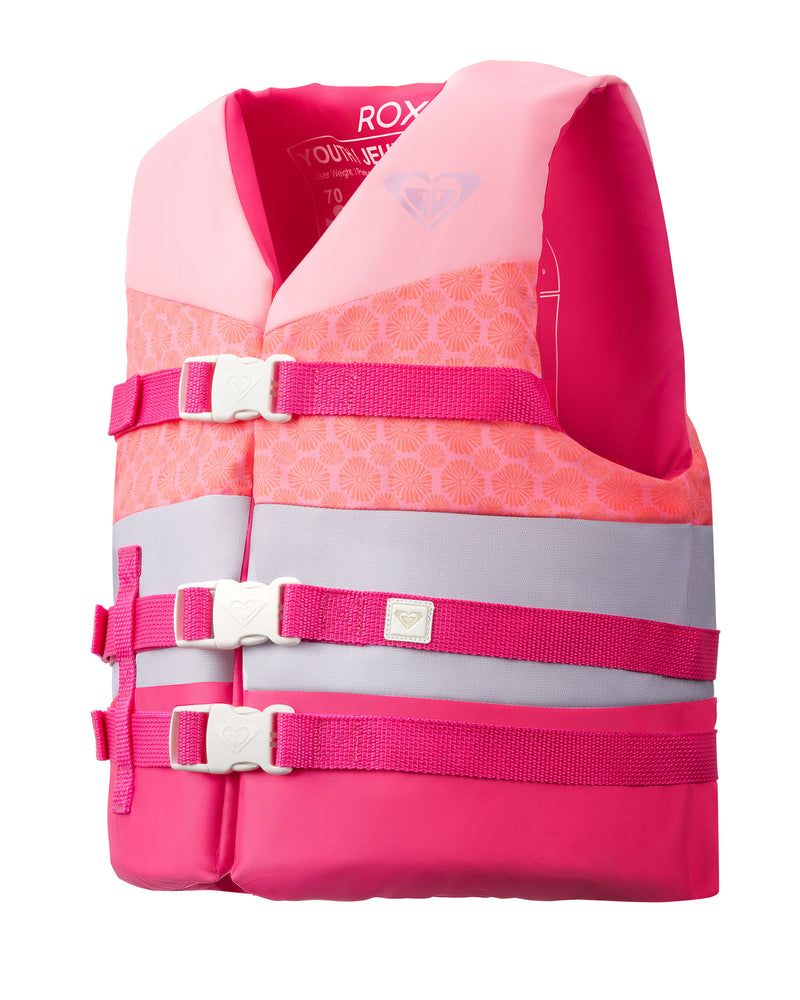 The Roxy Womens Duraweave Vest is a bright pink and light pink youth life jacket with three white buckles and adjustable straps, featuring a subtle floral pattern on the upper section. This USCG-approved women’s life vest by Roxy is perfect for ensuring boating safety while adding a touch of style to your water adventures.