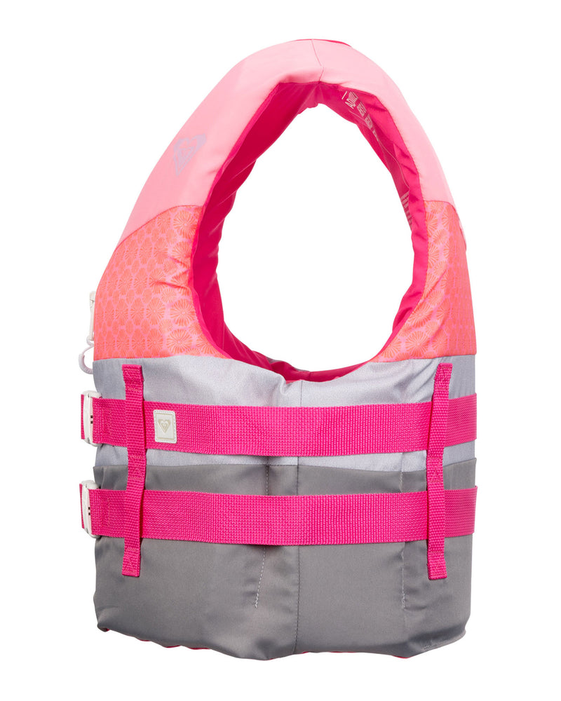 The Roxy Womens Duraweave Vest is a pink and gray women’s life vest featuring three adjustable side straps and a soft, padded neck collar, designed for safety and comfort. USCG approved for reliable boating safety.