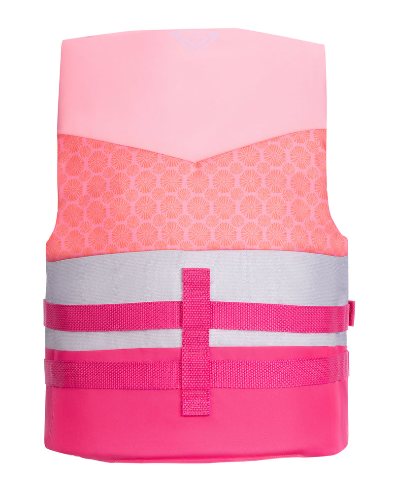 The Roxy Womens Duraweave Vest is a pink and light pink life vest for women featuring a geometric floral pattern, two horizontal reflective gray stripes, and adjustable pink front straps. USCG approved and designed by Roxy, this vest offers reliable boating safety with peace of mind on the water.