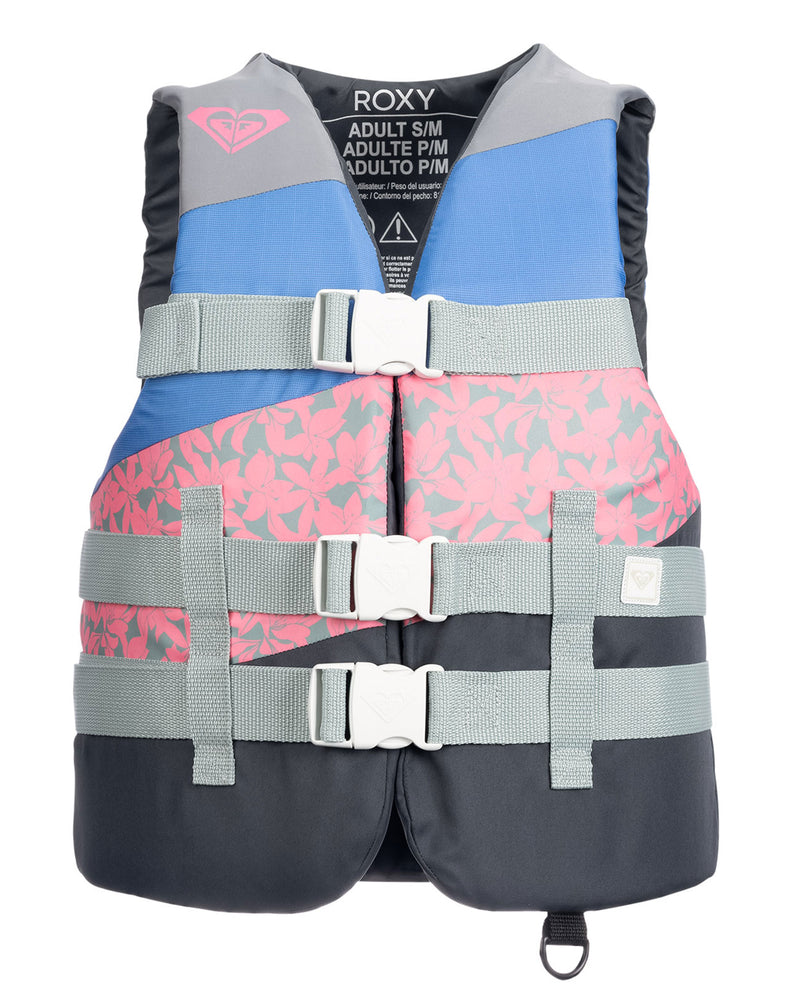 A vibrant Roxy Womens Duraweave Vest in silver, purple, and charcoal styled panels features four light gray buckles on the front for secure closure. This USCG-approved life vest offers a dual size design for enhanced comfort and versatility.