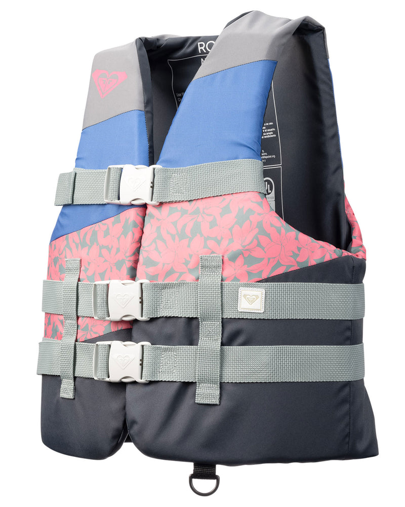 The Roxy Womens Duraweave Vest by Roxy is a USCG approved life vest designed in blue, pink, and gray with a floral pattern. It features four gray adjustable straps with white buckles, a dual size design for comfort across various body types, and a classic dark gray back panel.