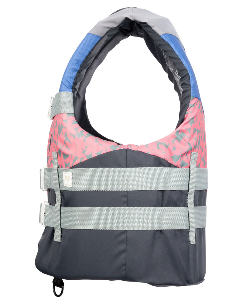The Roxy Womens Duraweave Vest by Roxy is a USCG-approved life vest with a blue and gray top, a pink patterned upper section, gray straps and buckles, and a black lower section, displayed on a white background.
