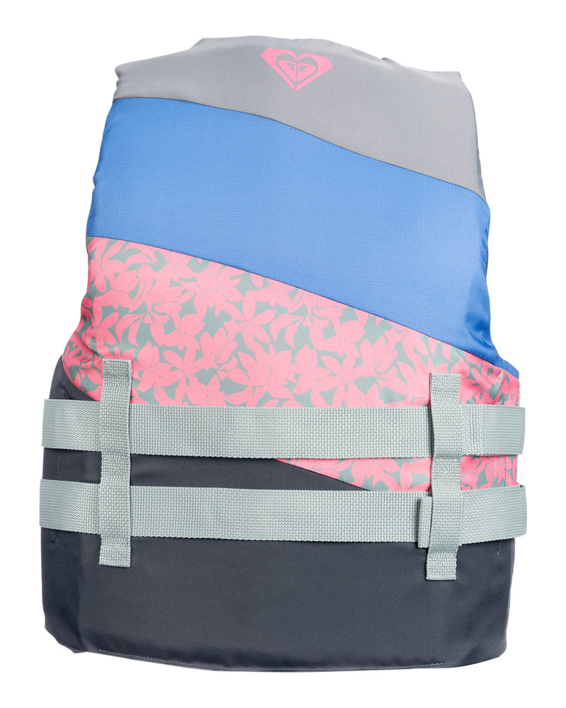 The Roxy Womens Duraweave Vest by Roxy is a USCG-approved life jacket with gray, blue, and pink floral panels. It features two horizontal gray straps across the front, a small heart-shaped logo at the top, and offers dual sizing for both safety and style during your water adventures.