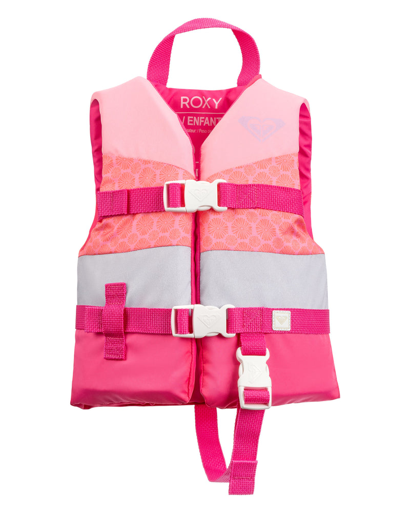 The Roxy Youth Duraweave Vest by Roxy features a stylish Pink/Silver/Pink colorway with floral patterns, convenient front buckles, an adjustable bottom strap, and a top carrying handle—ensuring water safety and peace of mind for every young adventurer.